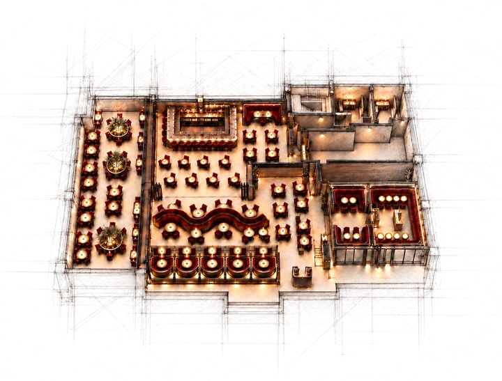 Illustrated floor plan of Story: the bar, dining room, booths, terrace and private rooms